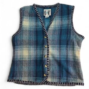 HG NY Vintage Vest Women's Medium Wool Blend Plaid‎ Button Blue Check Lagenlook